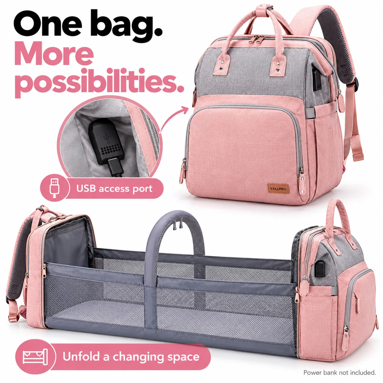 VALLPRO diaper backpack and fold-out changing area