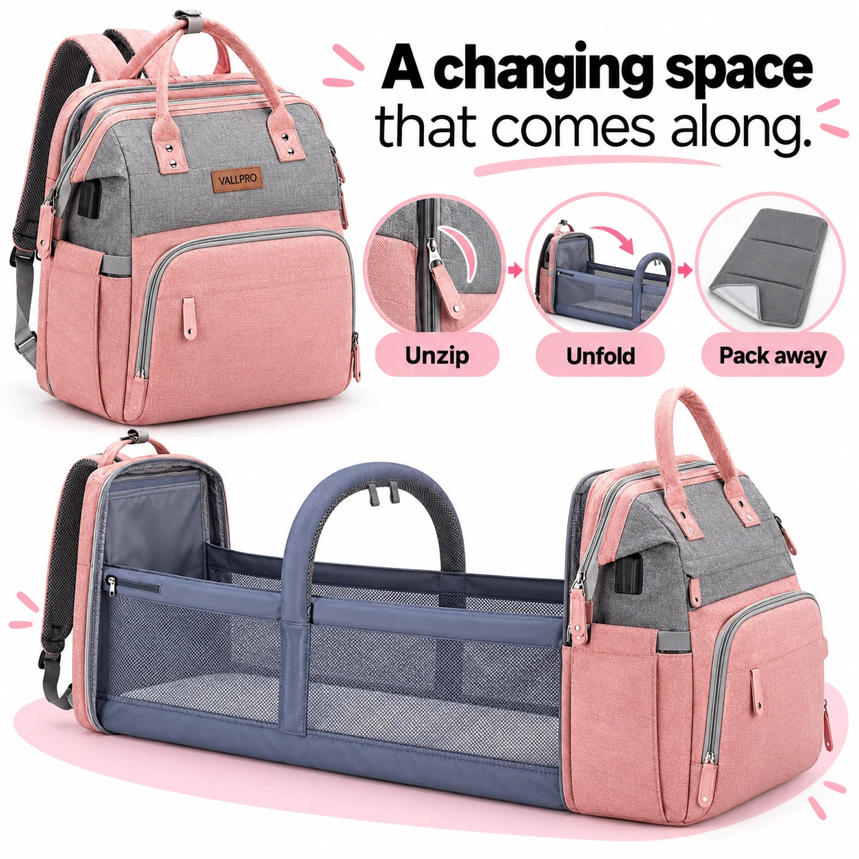 Your changing space, along for the trip. VALLPRO backpack demonstration