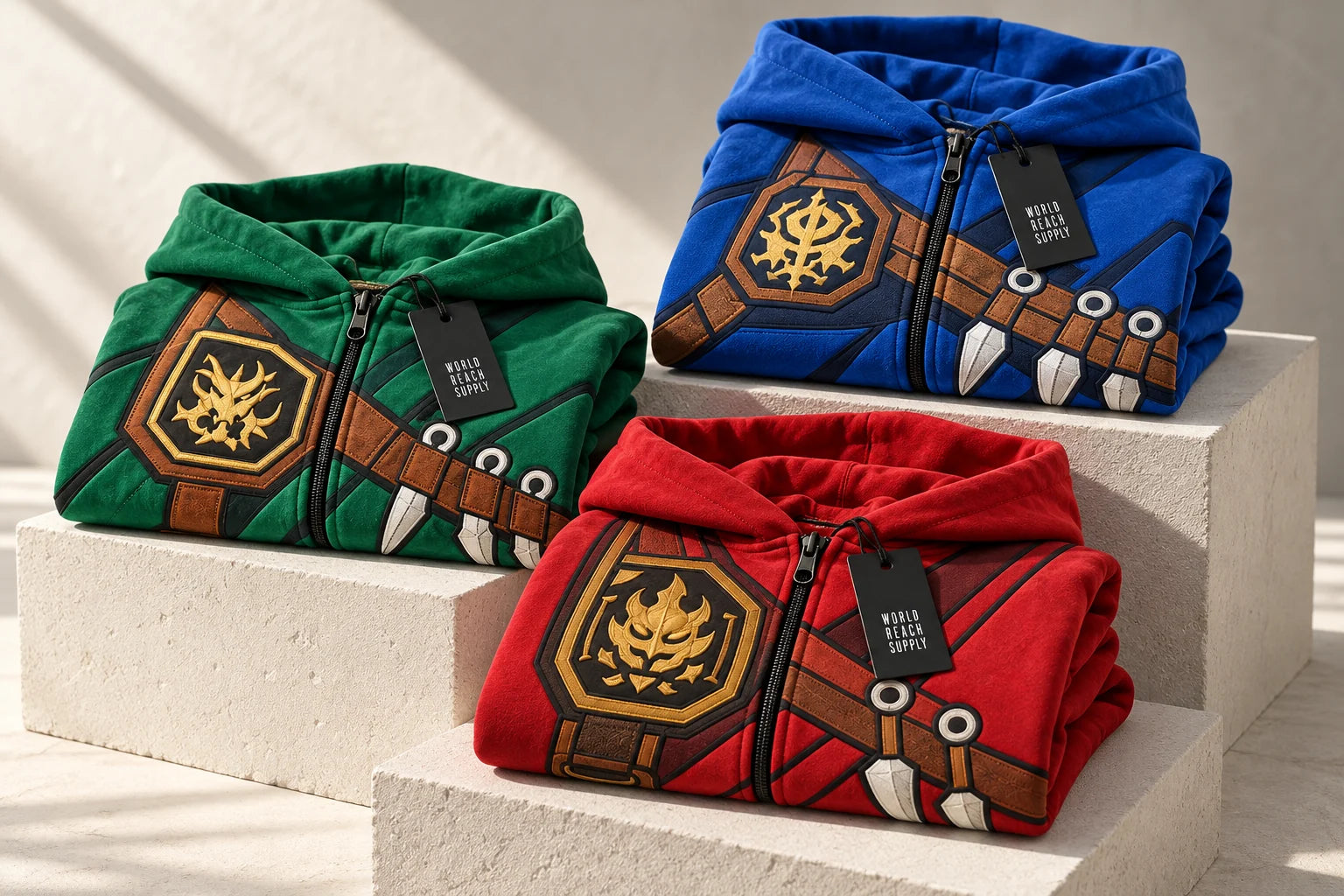 Folded green blue and red hoodies