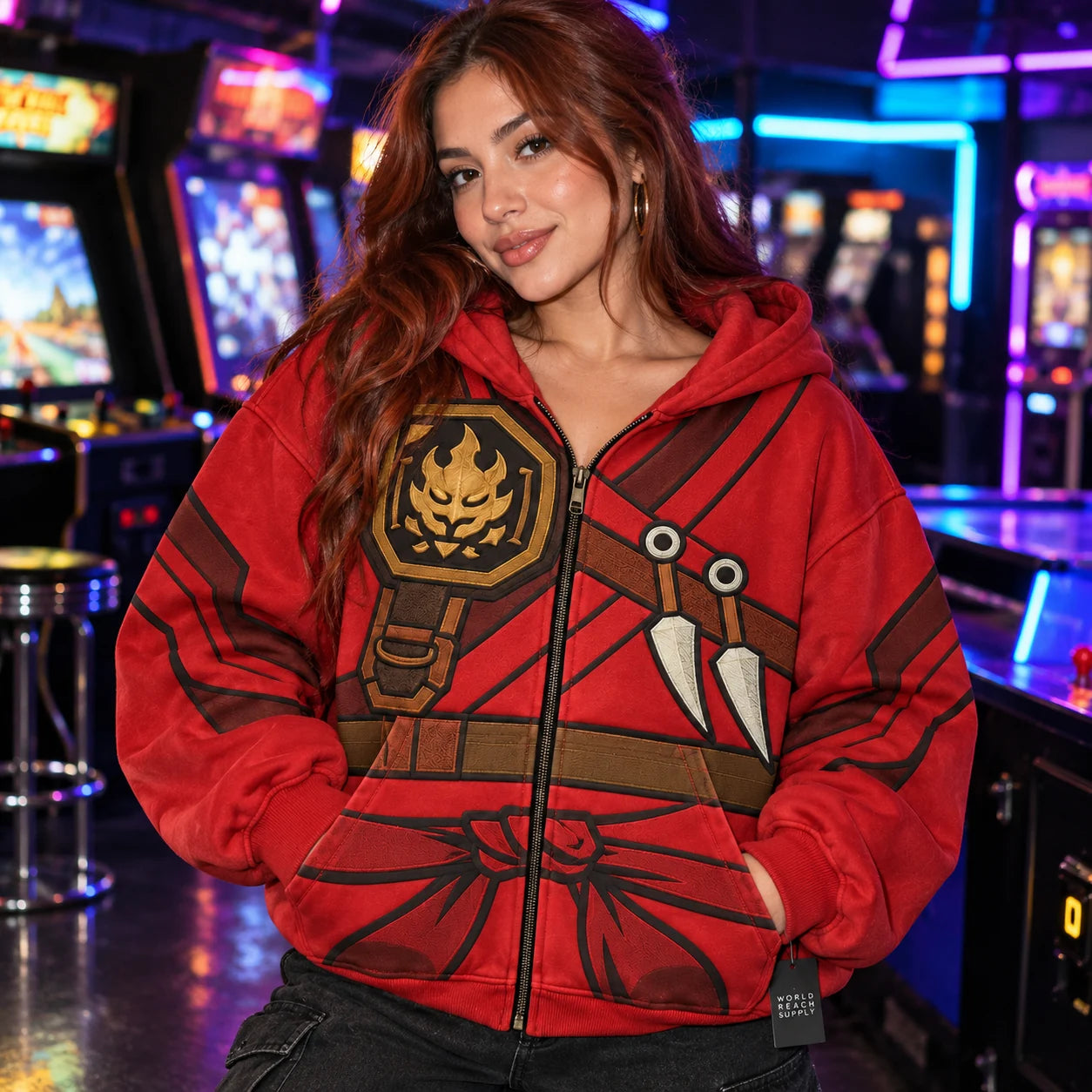 Red hoodie in a neon arcade