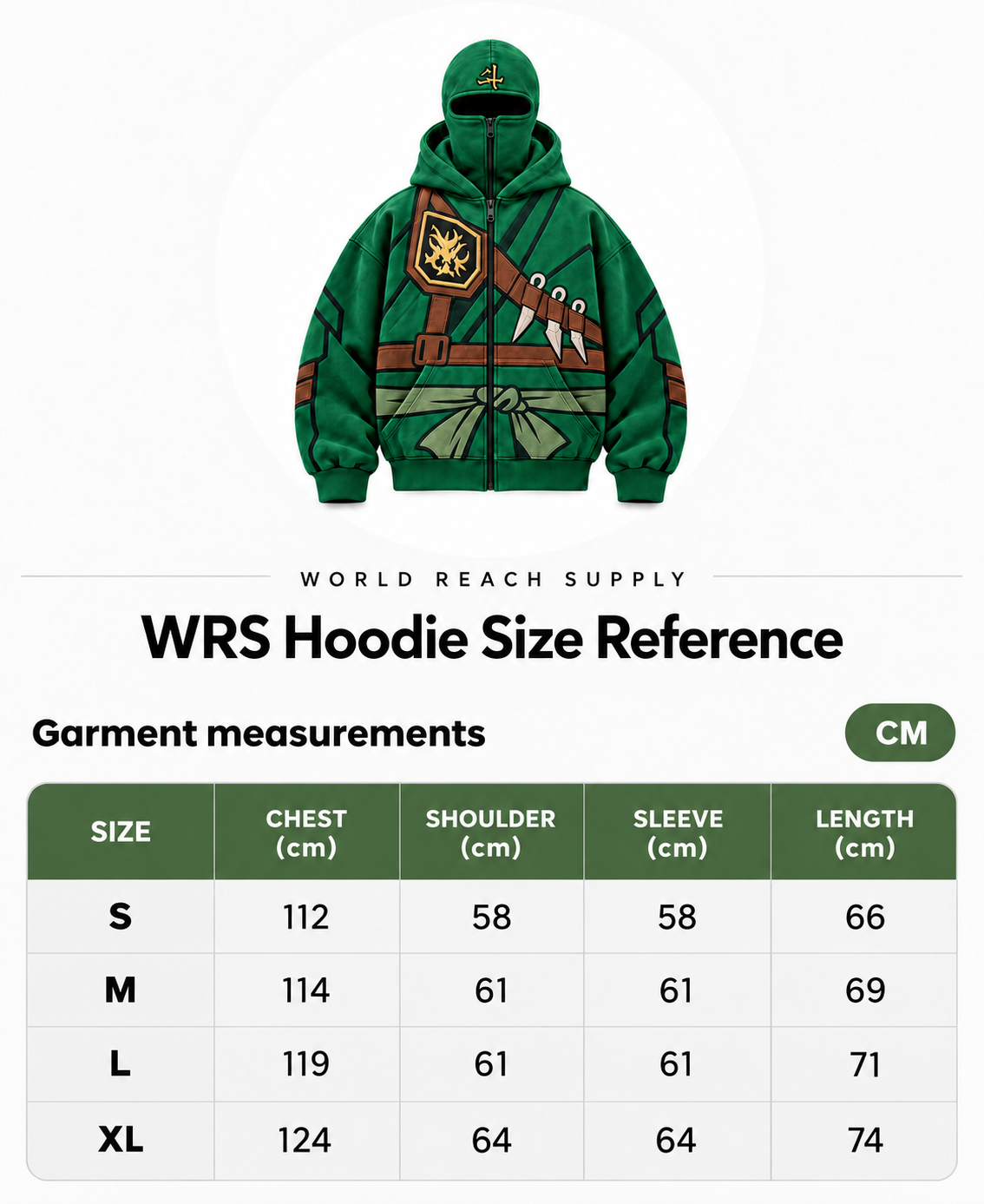 WRS hoodie garment measurements in cm. Chest, shoulder, sleeve, length: S 112, 58, 58, 66; M 114, 61, 61, 69; L 119, 61, 61, 71; XL 124, 64, 64, 74.